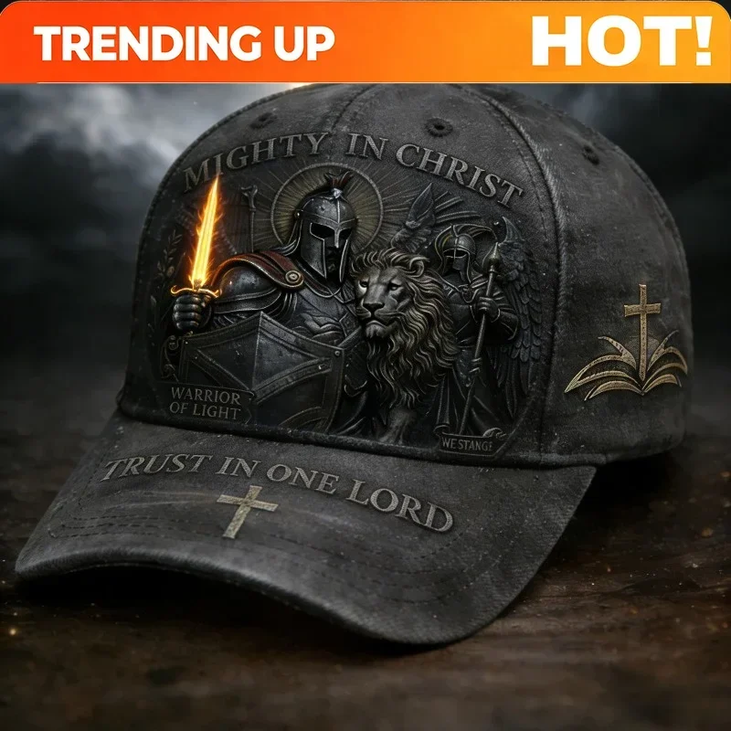 Custom Hats Mighty In Christ Warrior Of Light Adjustable Premium Baseball Cap With Knight Lion And Flaming Sword Design High