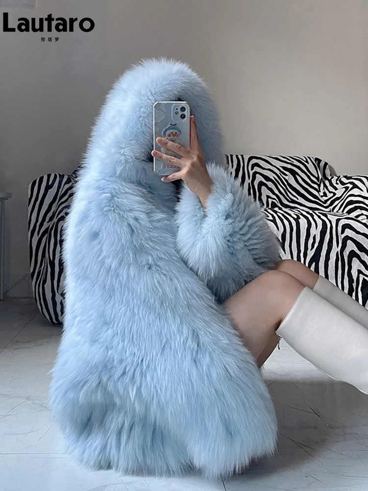 Lautaro ฤดูหนาวขนมีขนหนานุ่มสี Faux Fur Jacket ผู้หญิง Hood ค้างคาวหลวมสบายๆเสื้อผ้า