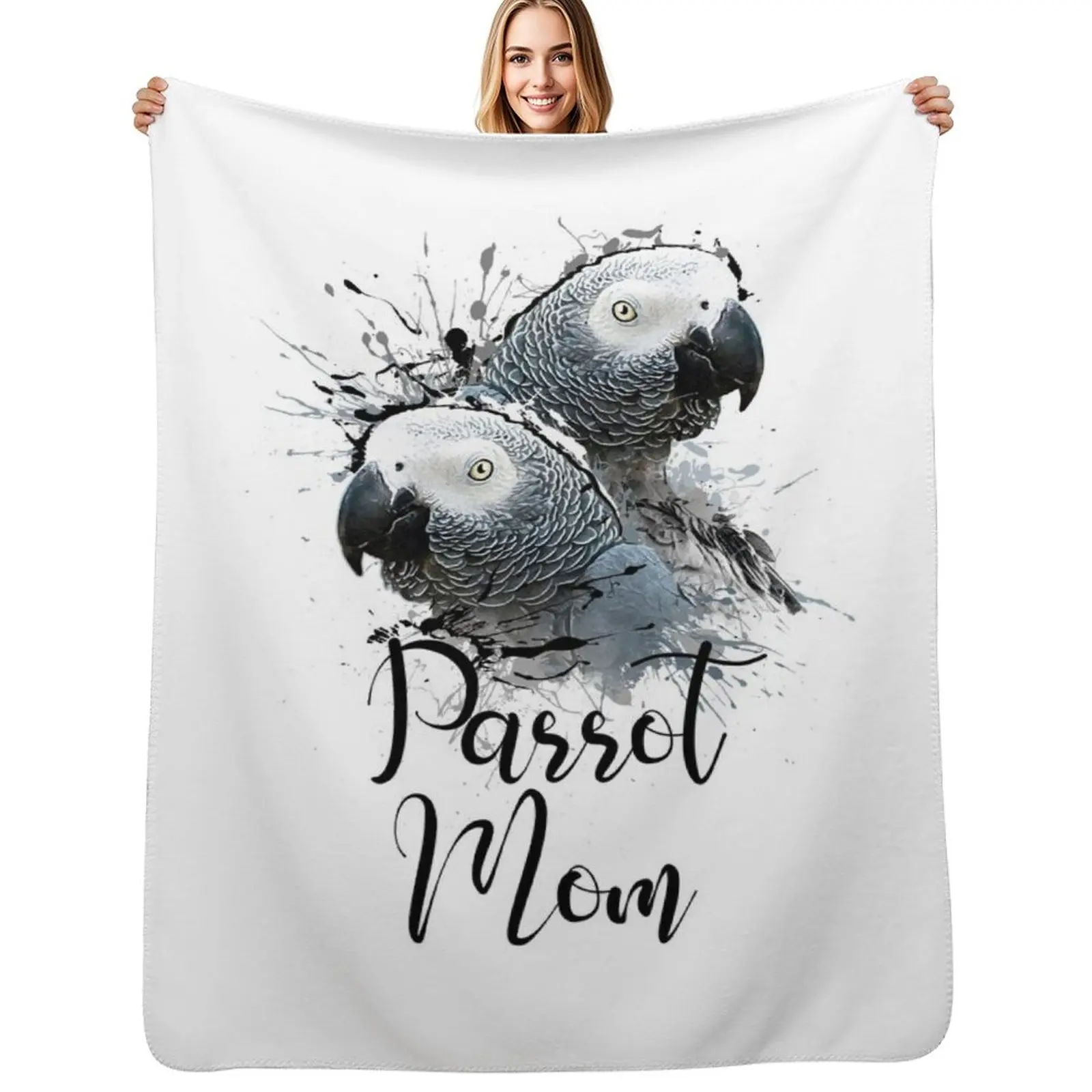 Color Splatter African Grey Parrot Mom White Throw Blanket Soft Cozy Blanket for Pet Kids Adults