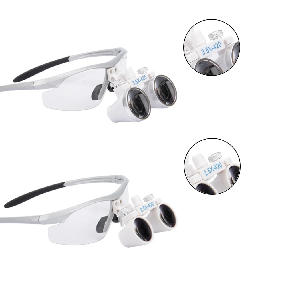 Lenti di ingrandimento dentali Occhiali da 3,5x o 2,5x Lente d'ingrandimento medica da laboratorio Dentisti Lente ottica binoculare chirurgica ultraleggera 420mm