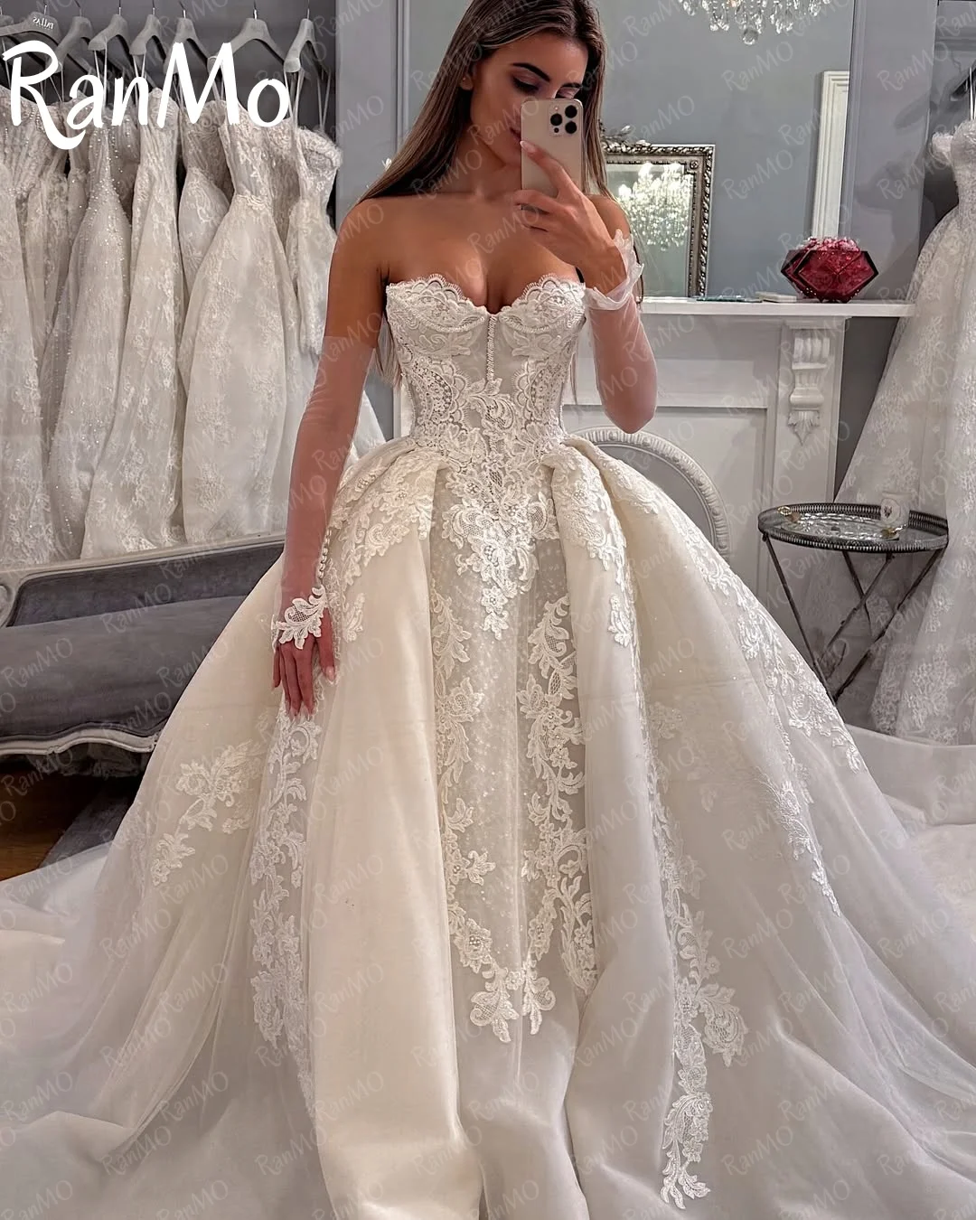 Ranmo جديد مخصص 2025 فساتين زفاف أنيقة من الدانتيل فساتين زفاف على شكل قلب بدون أكمام فساتين زفاف 2025 Vestido Blanco