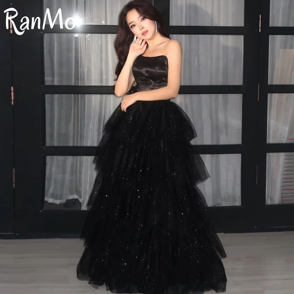 Ranmo Abiti lunghi senza spalline a trapezio drappeggiati a strati con paillettes eleganti in tulle con pieghe su misura Abiti da cerimonia su misura