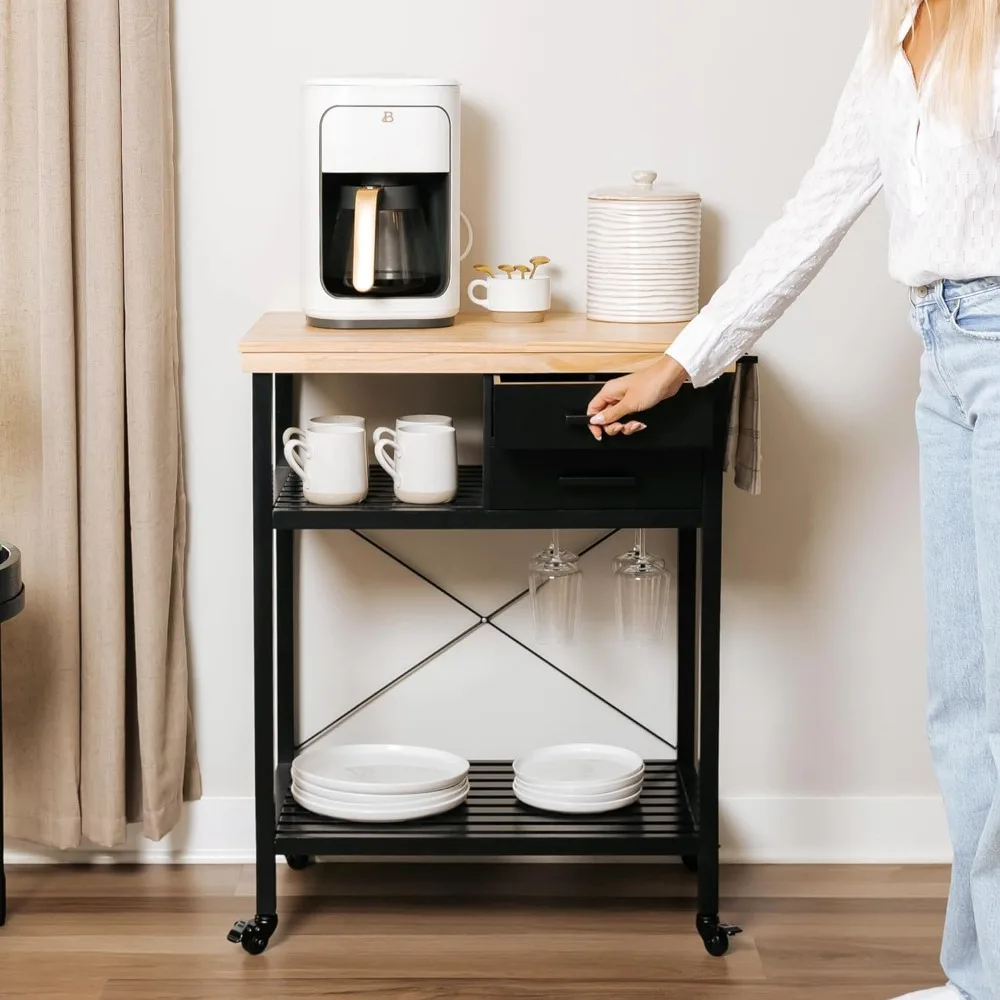 

Тележка для кухонного острова на колесиках из массива дерева сосновой столешницей, ящиками для хранения, полками и полкой для вина — мобильная станция для сервировки кофе