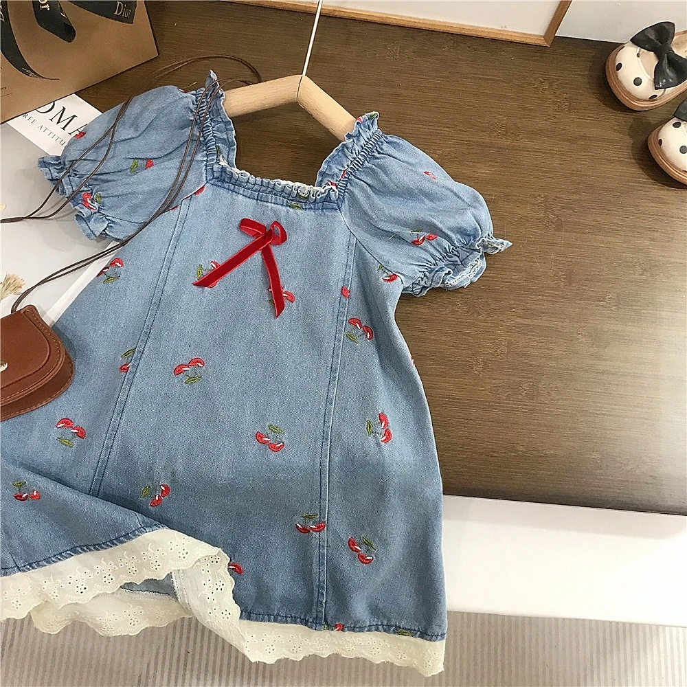 

2025 Summer Baby Girls Demin Dress Kids Embroidery Cherry Dresses Children Birthday Costume Fashion Sundress Kids Clothing