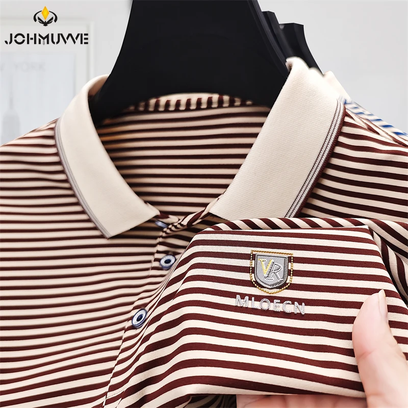 New Men's Casual and Fashionable Striped Embroidered Long Sleeved Polo Shirt Comfortable Breatable Versatile Top