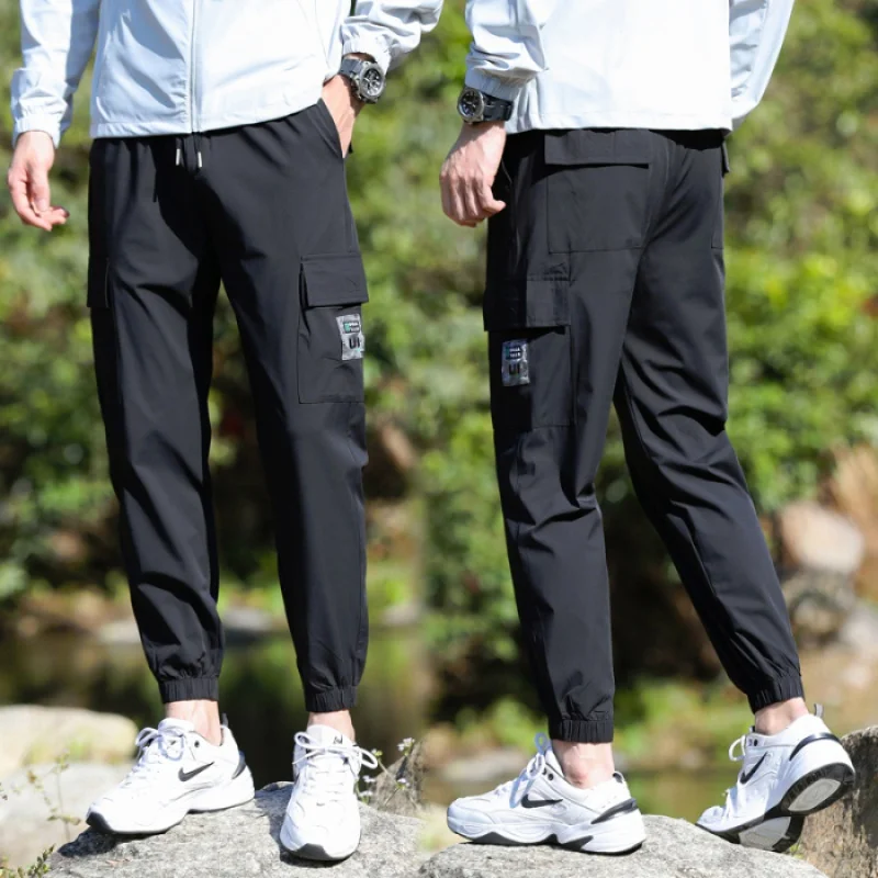 Outdoor men's casual pants2024summer new thin quick-drying breathable cool multi-pocket ankle-tied trousers