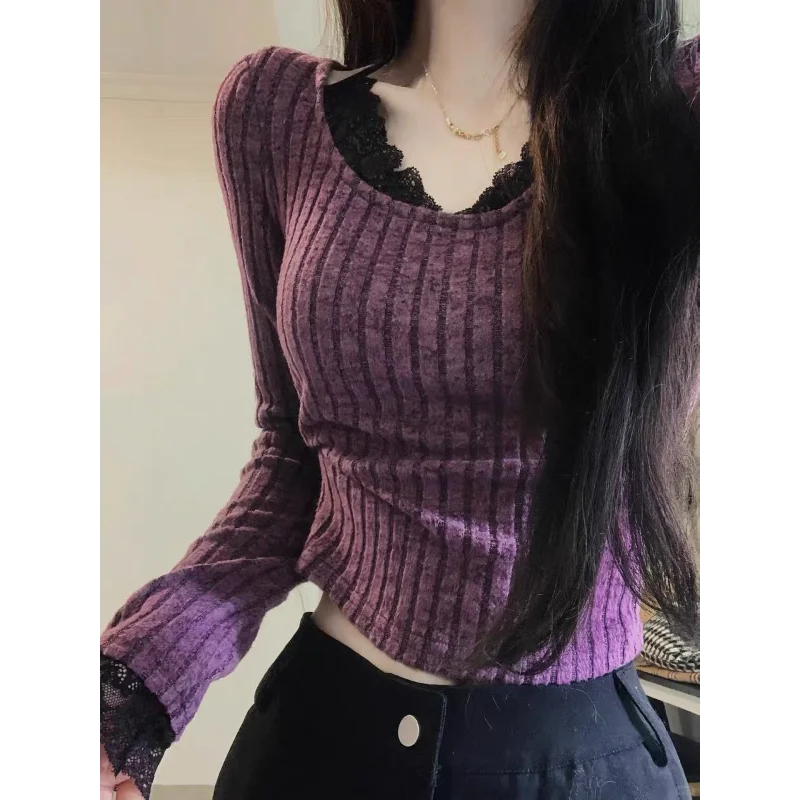 

Lace Spliced long-sleeved T-shirt for Women 2025 Spring New Slim Short Top