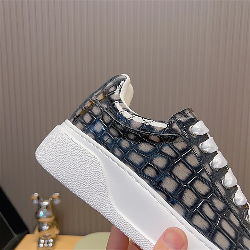 للجنسين رمادي منصة حذاء كاجوال رجالي جلد البقر جولة تو منخفضة أعلى أحذية رياضية حجر نمط الدانتيل متابعة لوكس حذاء مسطح اليدوية #3