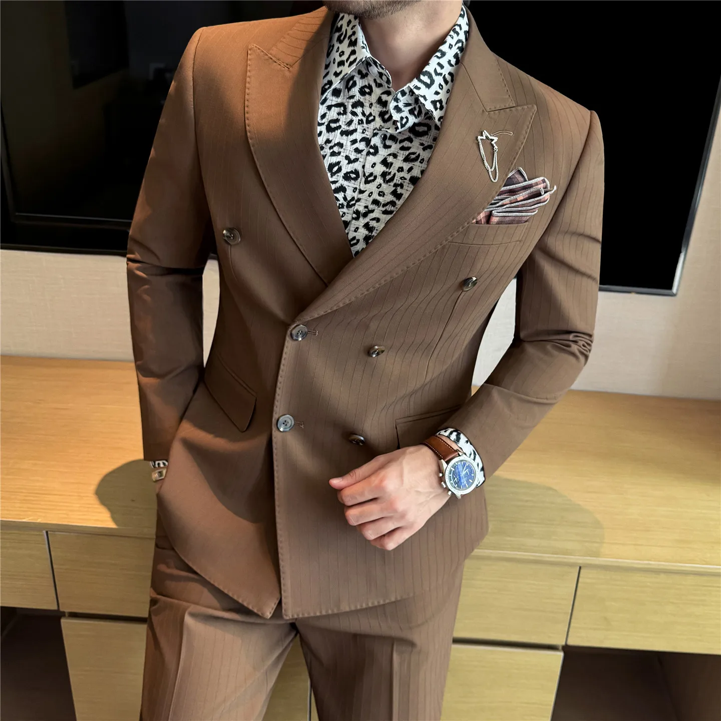 

Men's wedding high-end dark striped peak lapel double-breasted suit set, men's suit and trousers two-piece set