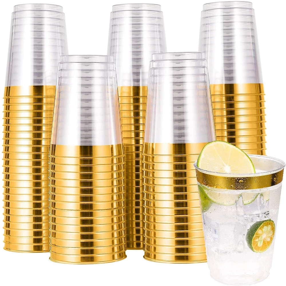 10pcs Golden Plastic Dessert Cups 12oz Hard Disposable Cup PWine Glass Transparent Drink Cup Birthday Wedding Supplied