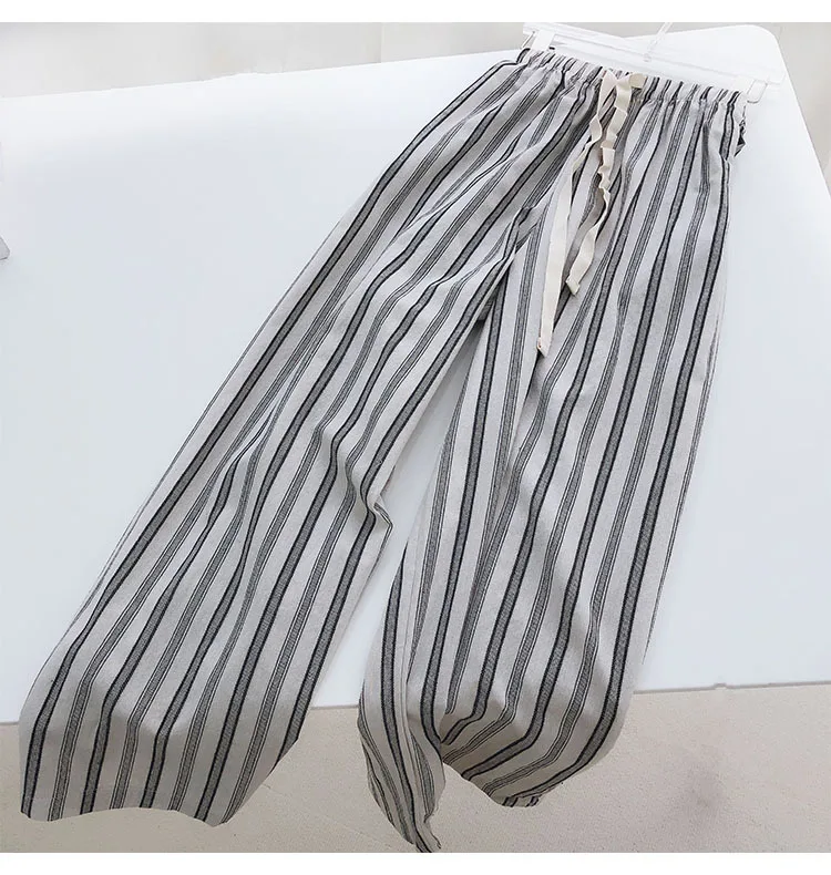

Cotton Linen Beige Striped Wide Leg Pant For Women In Summer, Thin, Loose Hanging, Straight Leg Casual Floor Pants
