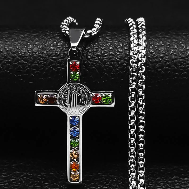 2024 New fashion stainless steel necklace Saint Benedict Crystal Saint Pendant Cross men's necklace accessories accessories image 2