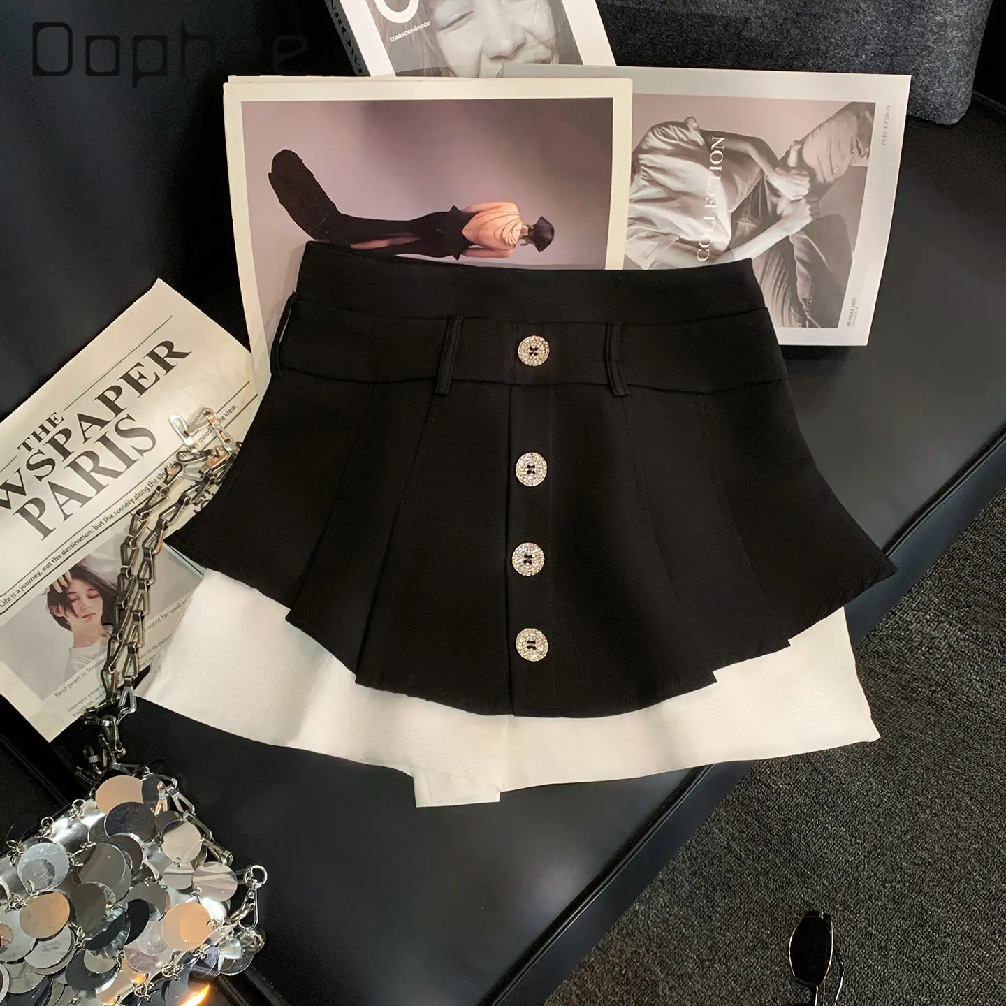 

High-end Heavy Industry Rhinestone Buckle Pleated Skirt Commuter Style Fashion High-waist A-line Wide-leg Pants Fake Two Shorts