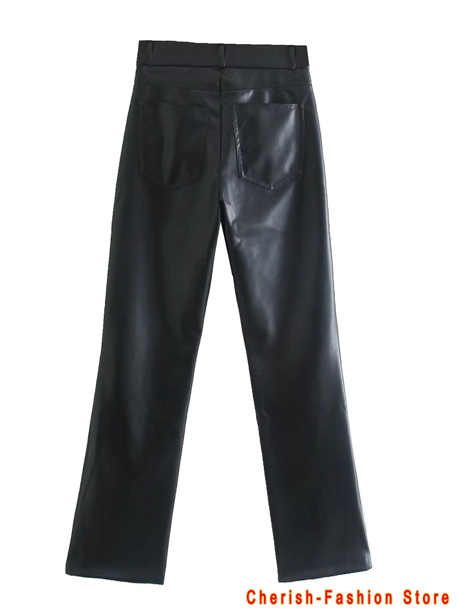 Frauen Mode Faux Leder Gerade Hosen Vintage Hohe Taille Zipper Fliegen Weibliche Hose Mujer Vintage Lose Schwarze Hose 2023