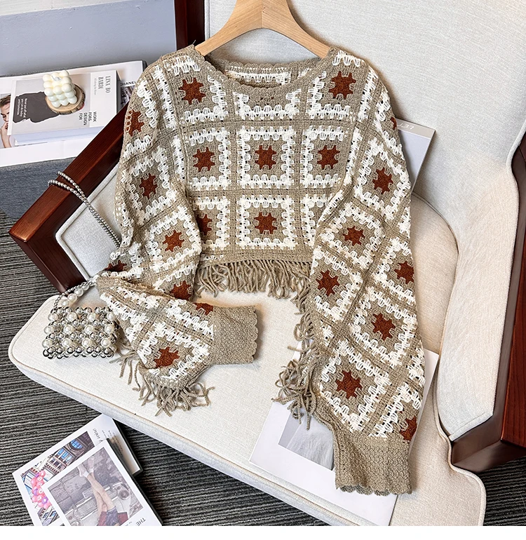 Top de ganchillo con flecos, manga de murciélago con borla, suéter de punto calado cuadrado de abuela, jerséis para mujer, traje de vacaciones bohemio Chic