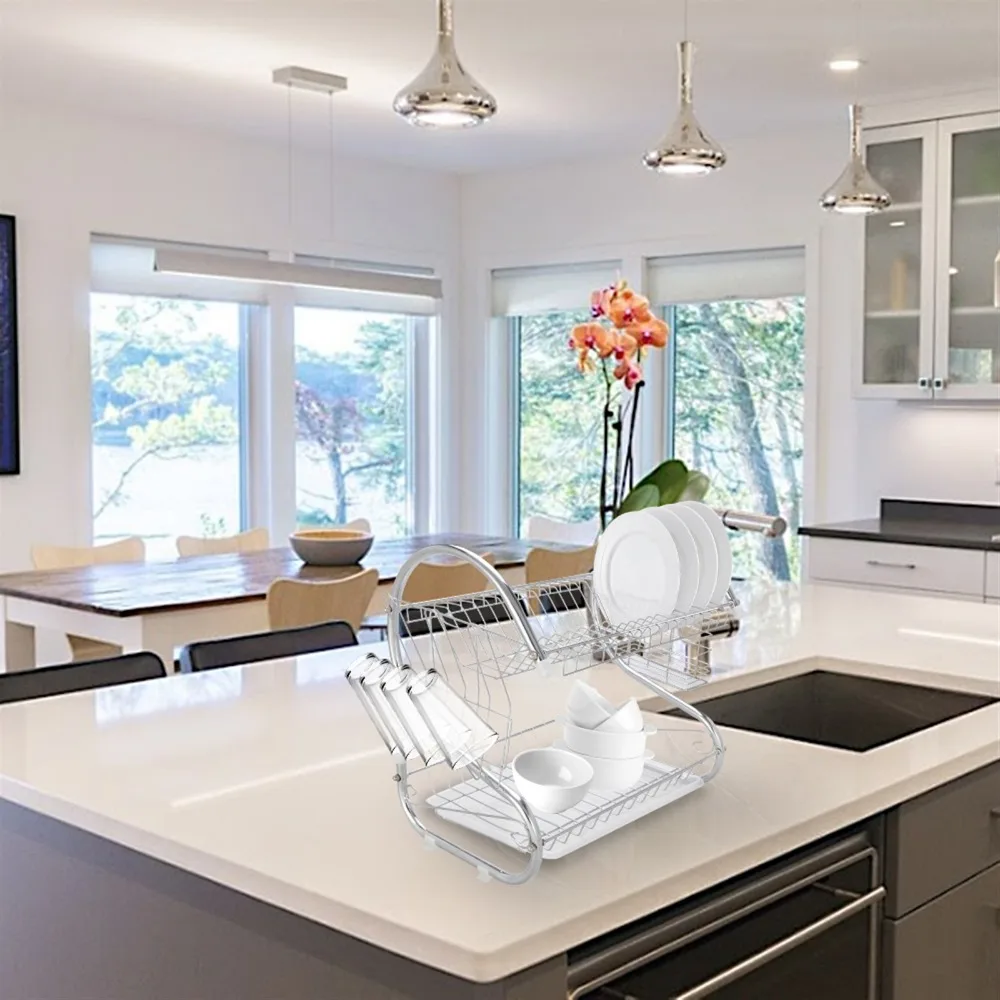 Multifunctional S-shaped Kitchen Storage Racks Dual Layers Bowls & Dishes & Chopsticks & Spoons Collection Shelf