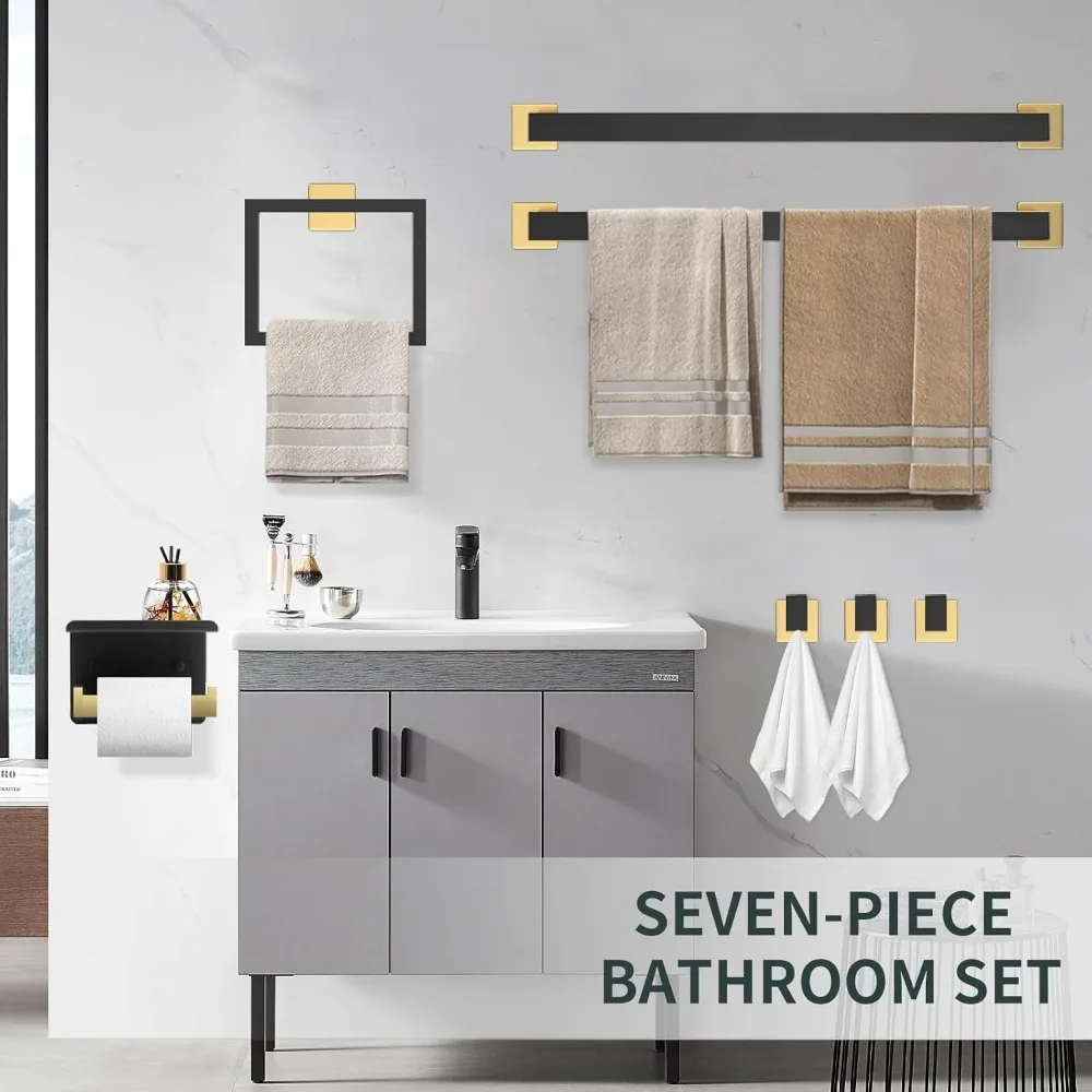 Luxury Black and Gold Bathroom Accessory Set - 7-Piece Towel Bar, Rack, Holder, and More