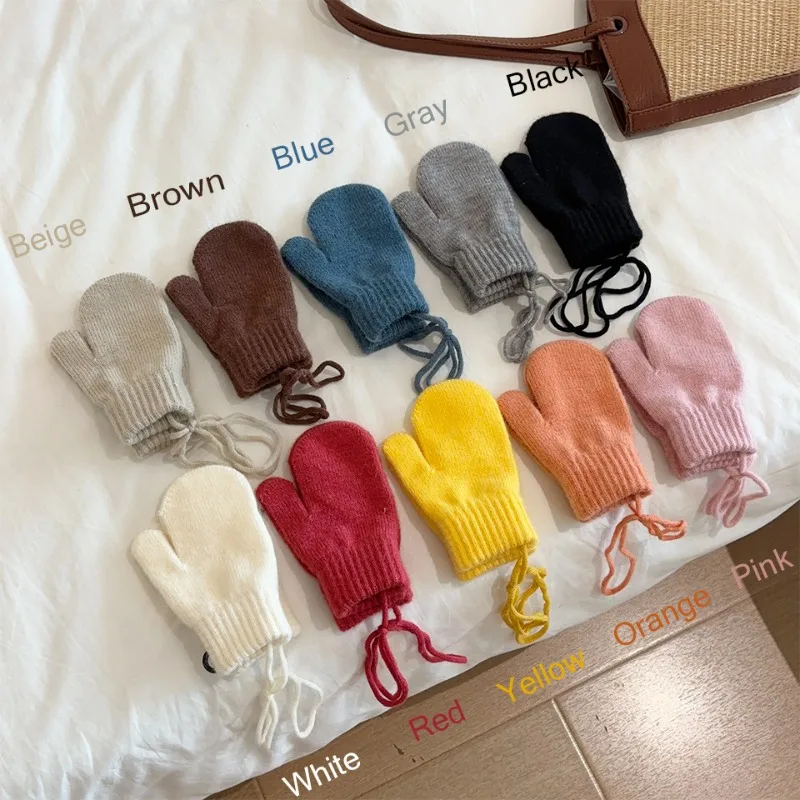 Candy Color Children Gloves Baby Gift 1-4Y Winter Baby Wool Gloves Halter Knitted Kids Mittens for Girls Boys Accessories