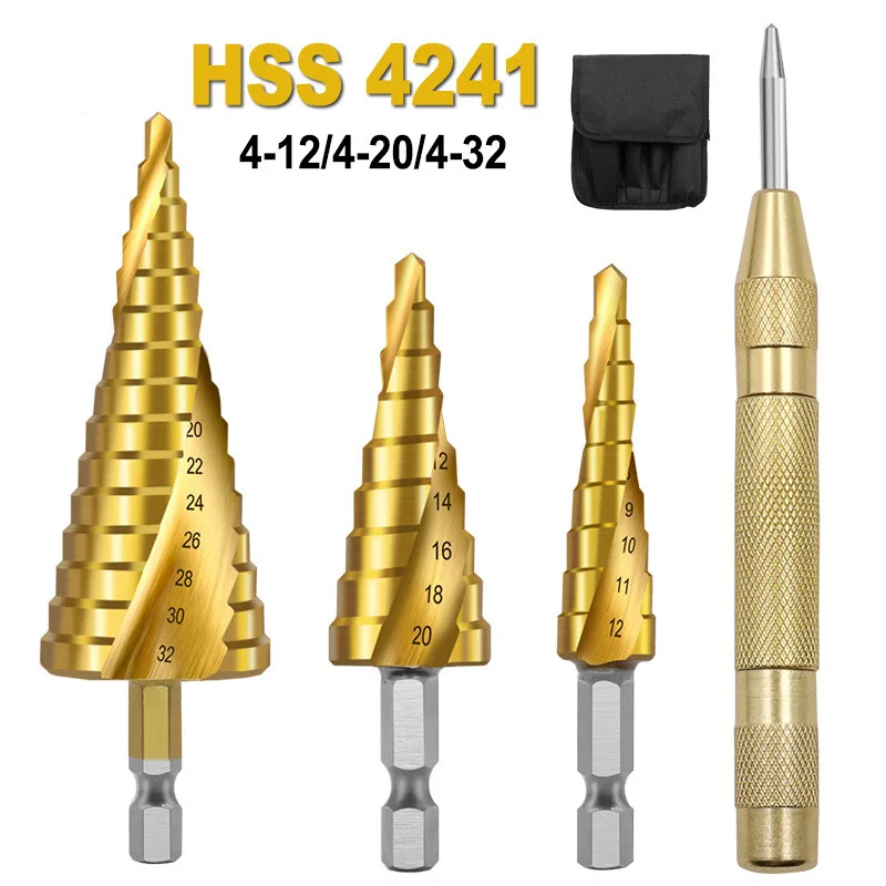 

4-piece Bag Set with Spiral Groove Hexagonal Step Drill Bit and Center Punch Set, Centering Drilling and Hole Expanding Device