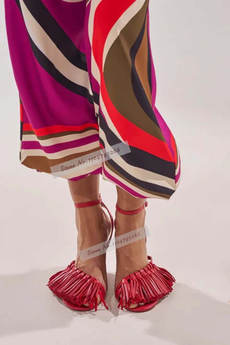 Yellow Wedged Heel Round Toe Fringe Sandals Ankle Buckle Strap Tassel Embellished Dress Shoes Elegant Banquet Footwear