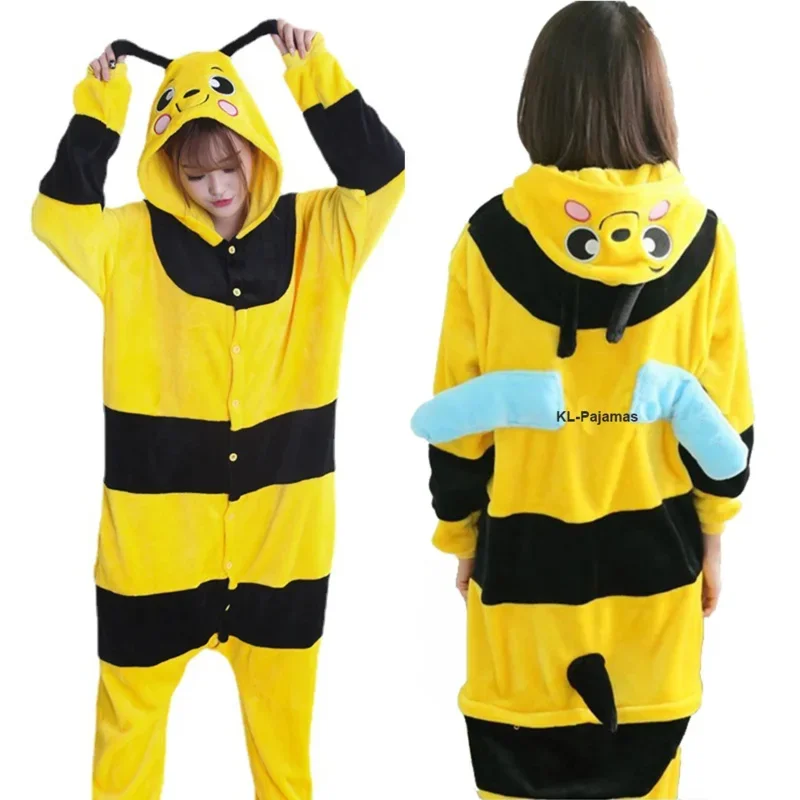 Adult Anime Kigurumi Onesies Cosplay Bee Costume For Women Animal Honeybee Halloween costume Sleepwear Cartoon Fleece Jumpsuits