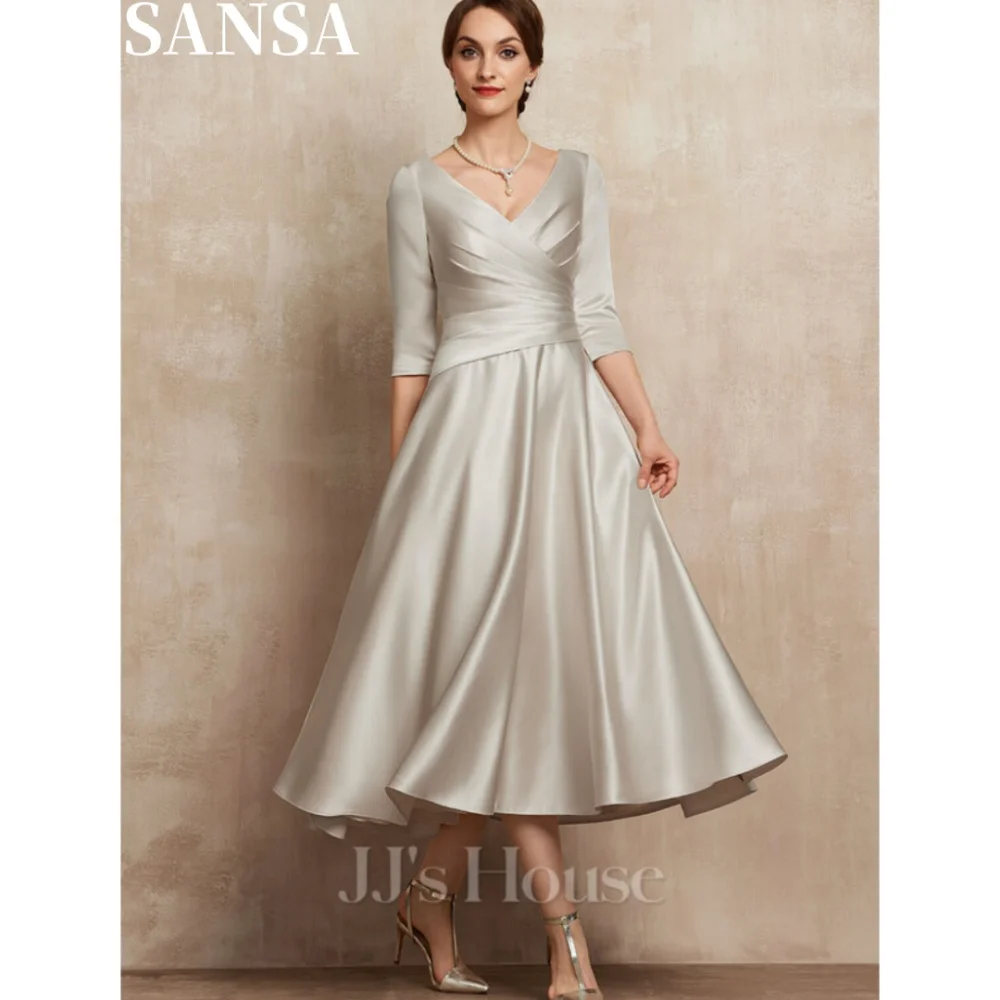 

Sansa Gorgous A-line Satin Mother Of Bridal Dress Customized Ankle-Length Wedding Dresses V Neck Long Sleeve Vestidos De Fiesta