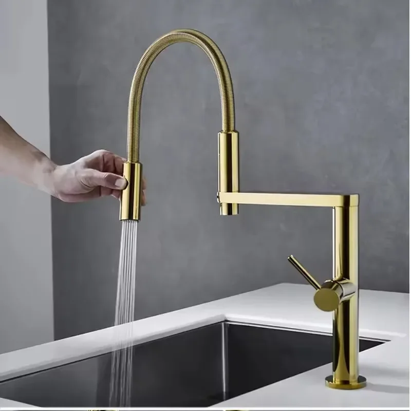 New Style Faucet Gold Spring Brass Kitchen Faucet With Pull Down Sprayer Single Handle Kitchen Sink Tap