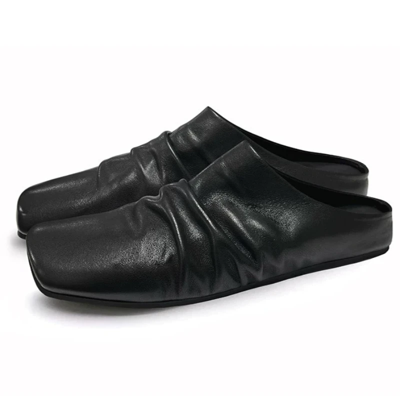 

Pleated Design Flat Slippers Women Soft Leather Square Toe Slides Female Balck Non-slip Comfort Casual Fashion Mules Shoes Women
