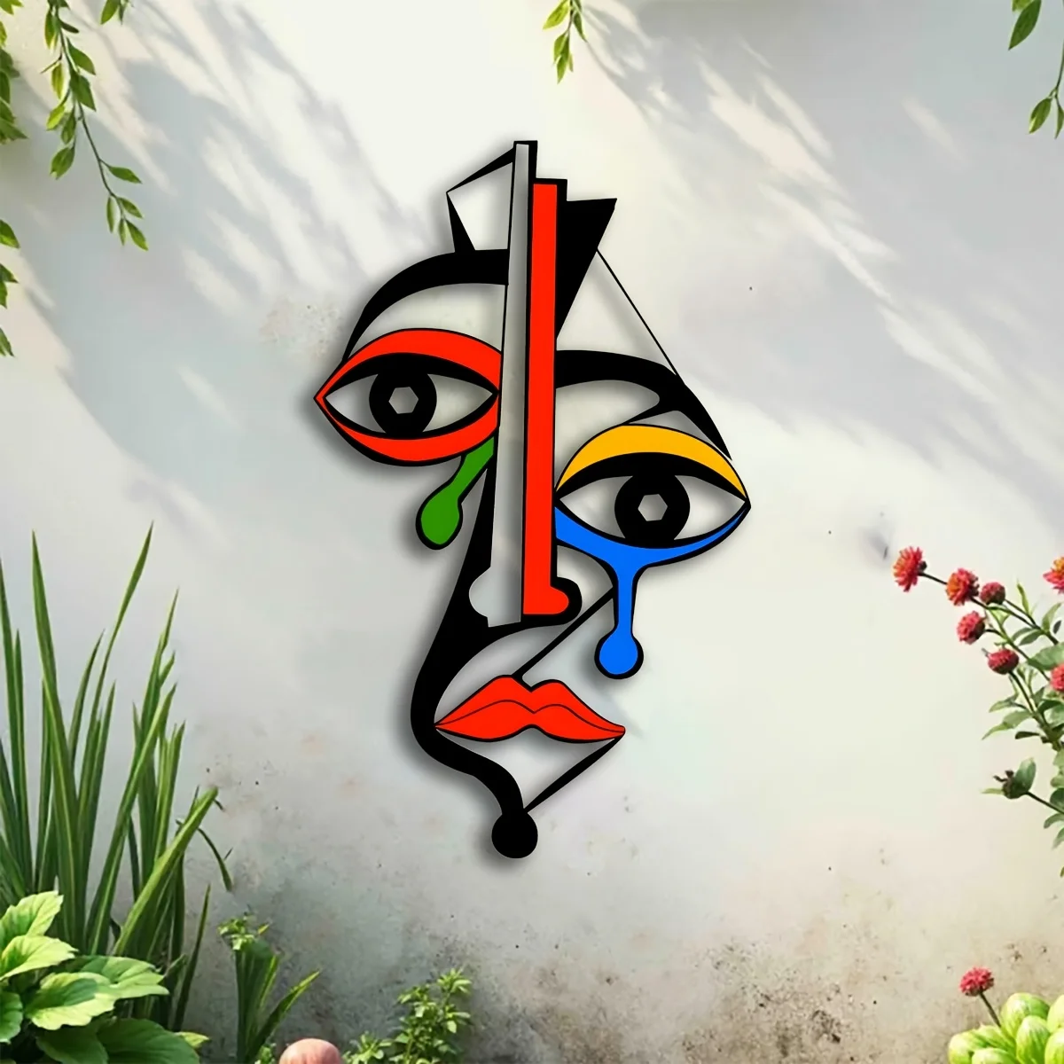 Picasso-inspirierte Metall-Wandkunst, farbenfrohe kubistische Gesichtsskulptur mit kräftigem geometrischem Design, abstrakte moderne Dekoration für das Wohnzimmer – Detail 5