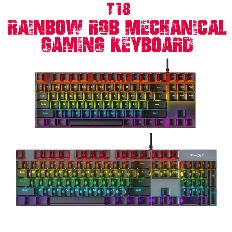 

Механическая клавиатура T18, 87 клавиш, RGB Люминесцентная клавиатура, USB Проводная клавиатура с защитой от брызг и фиксацией, поддержка зеленой оси, игровая клавиатура с подсветкой