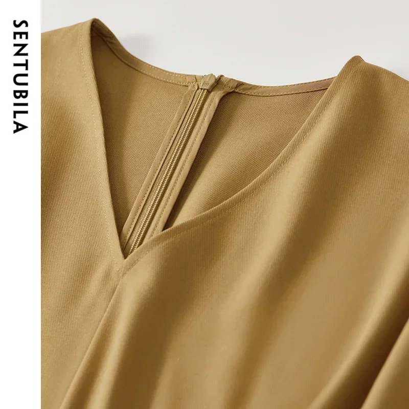 SENTUBILA Autunno Primavera Abiti eleganti Donna 2025 Dritto Semplice Scollo a V Legato Vita Split Abito longuette Abbigliamento donna 143L57349