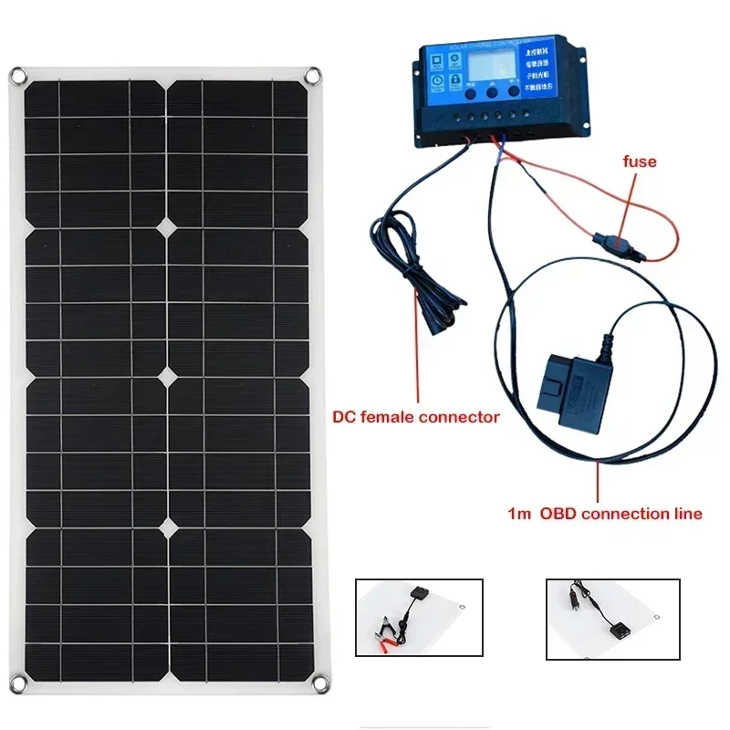 Solar Panel Kit 10A-60A Controller 50W Flexible Sola Panels 18V High Efficiency Battery Charger Module for Car RV with OBD Line