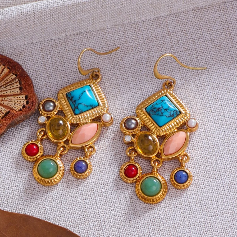 

Russia Ethnic Style Metal Retro Fashion Personalized Round Stone Tassels Multi Color Fishhook Earrings for Women Accessories