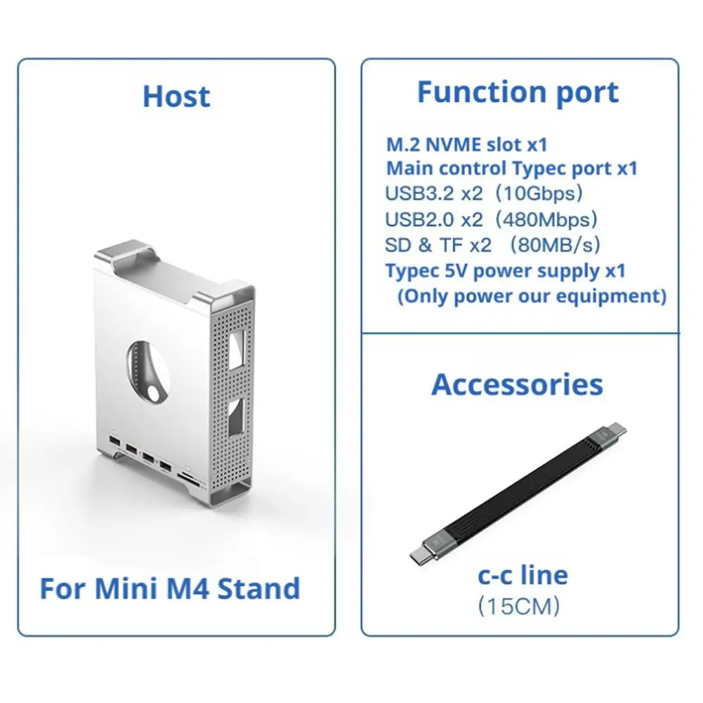قاعدة توسيع لجهاز Mac Mini M4 حامل هيكل من الألومنيوم وحوض قفص كامل SD3.0/TF3.0 قارئ بطاقات مزدوجة 4 منافذ USB-A بسرعة 10 جيجابت في الثانية