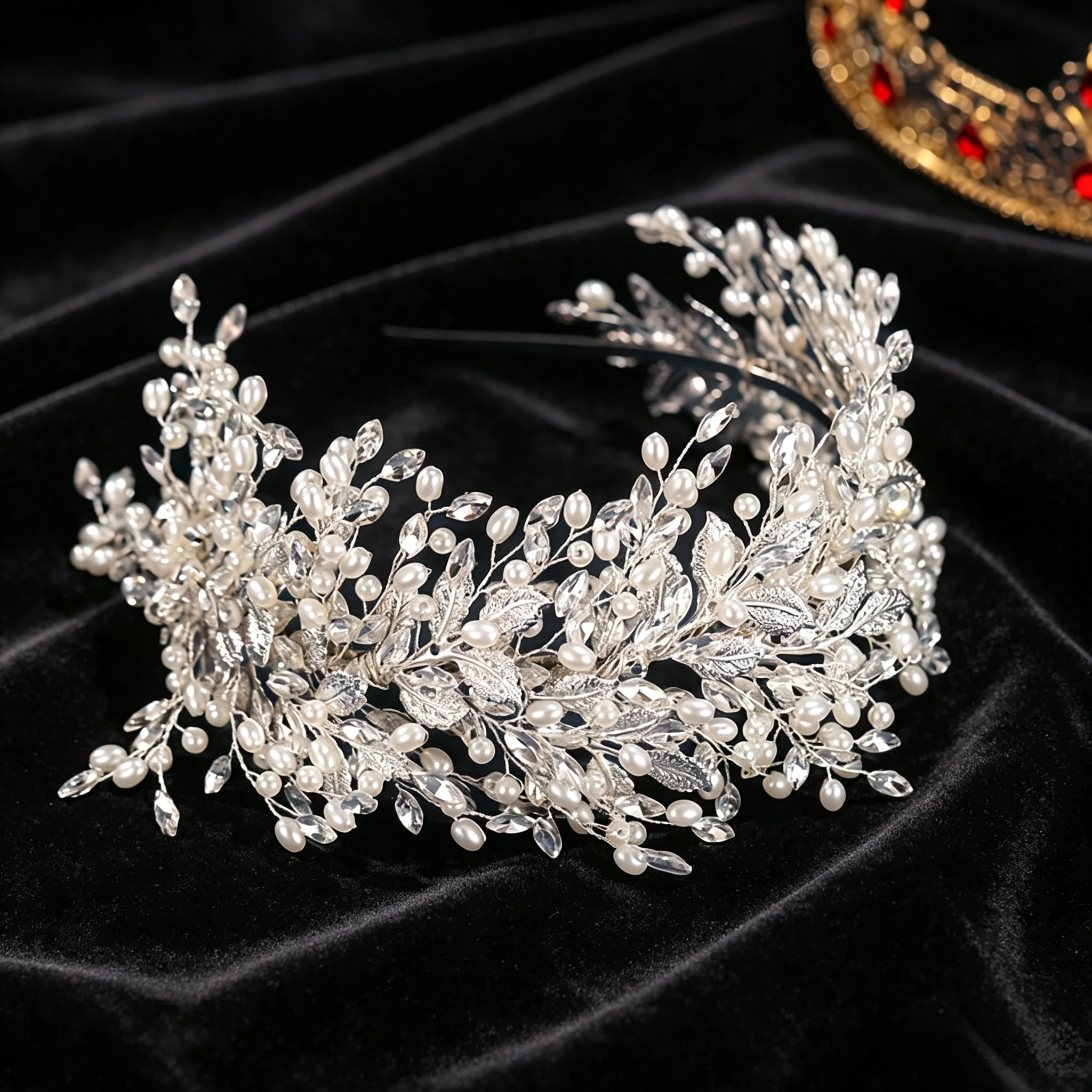 Crystal Rhinestone Flower Pearl Leaf Handmade Fashion Hairband Tiara Bridal Wedding Hair Accessories Jewelry Hairband Tiara