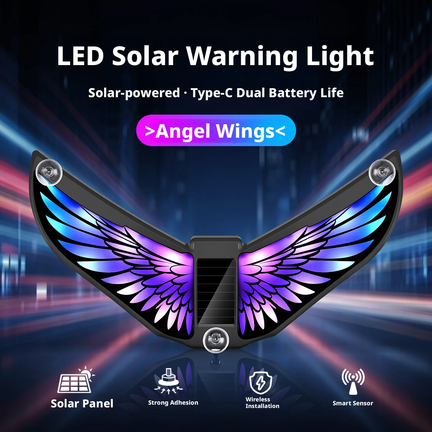 Solar Car LED Colorful Ambient Strobe Warning Light Type-C Dual Charge Dual Sensor Multi Modes Universal Interior Car Decor Lamp