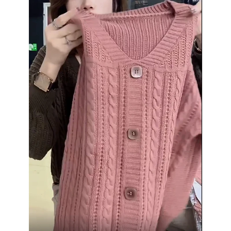 Vintage Twist Button Sweater Women Autumn Winter V-Neck Knitted Pullover All-Match Loose Long Sleeve Knitwear Pullover Plus Size