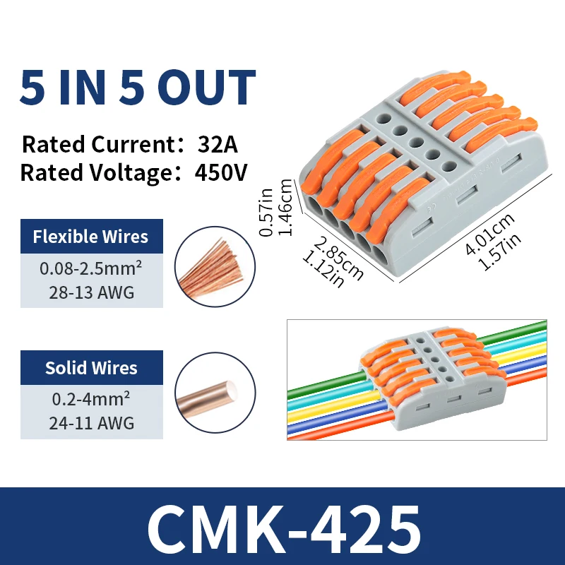 JINH Home Lighting Quick Splice Hub 10/50Pcs — CMK425 Orange Push-in Lever Wire Connector, Multi-Port Compact Joiner