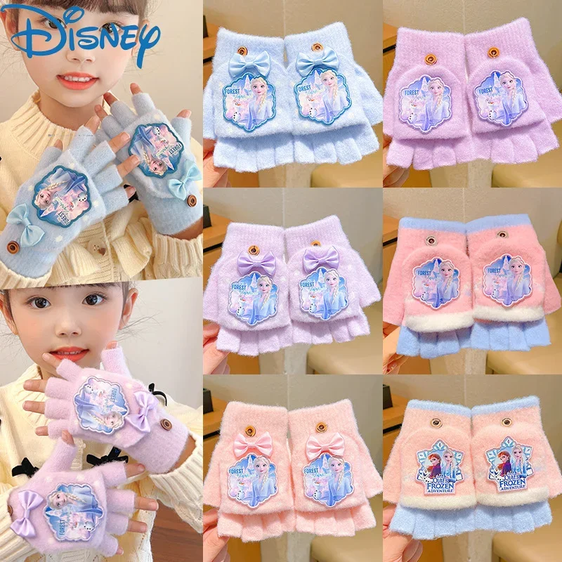 Princess Elsa Disney Flip Glove Winter Warm Girl Cartoon Knitted Half Finger Mittens Lady Hand Winter Decoration Play Snow Gifts