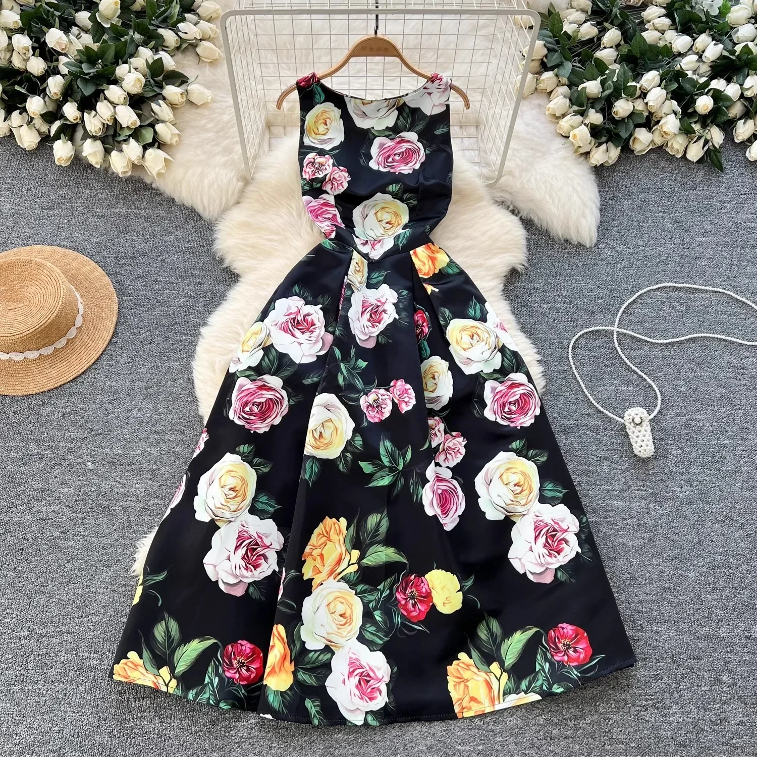 ZAMOR Autumn Floral Jacquard Midi Dress Women Sleeveless Tank Silhouette Elegant Structured Fit Beach Party Prom Wedding Guest