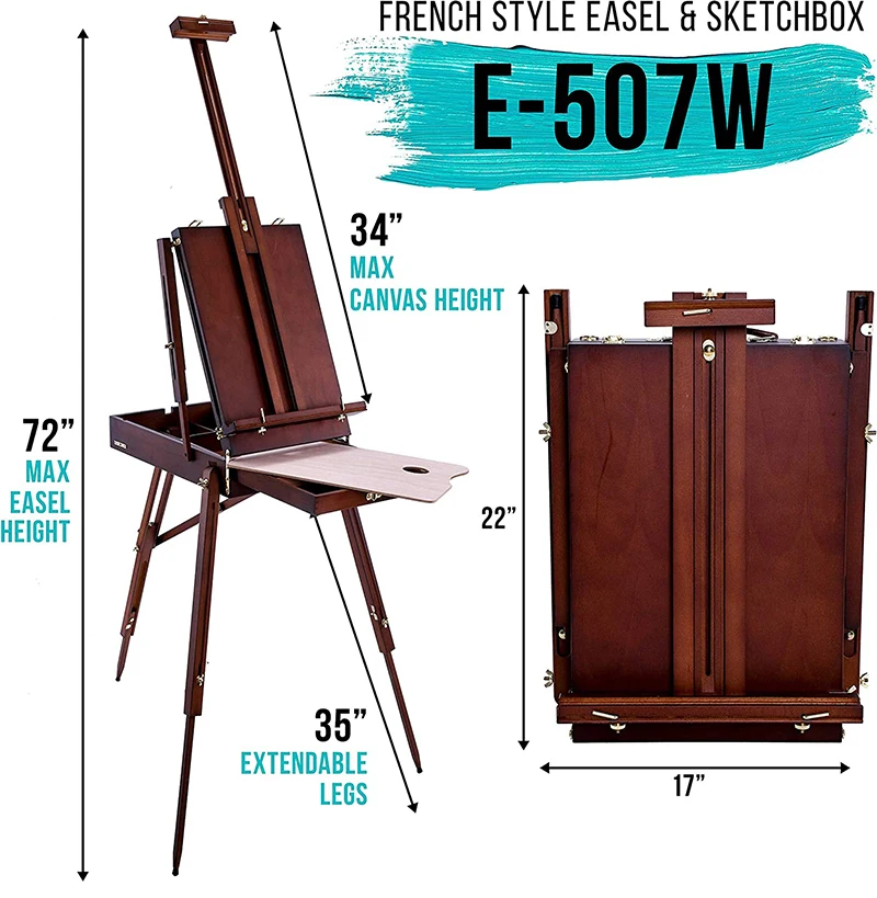 Artistic odorless and non-toxic beech portable adjustable triangular easel, artist wooden storage drawer easel portable