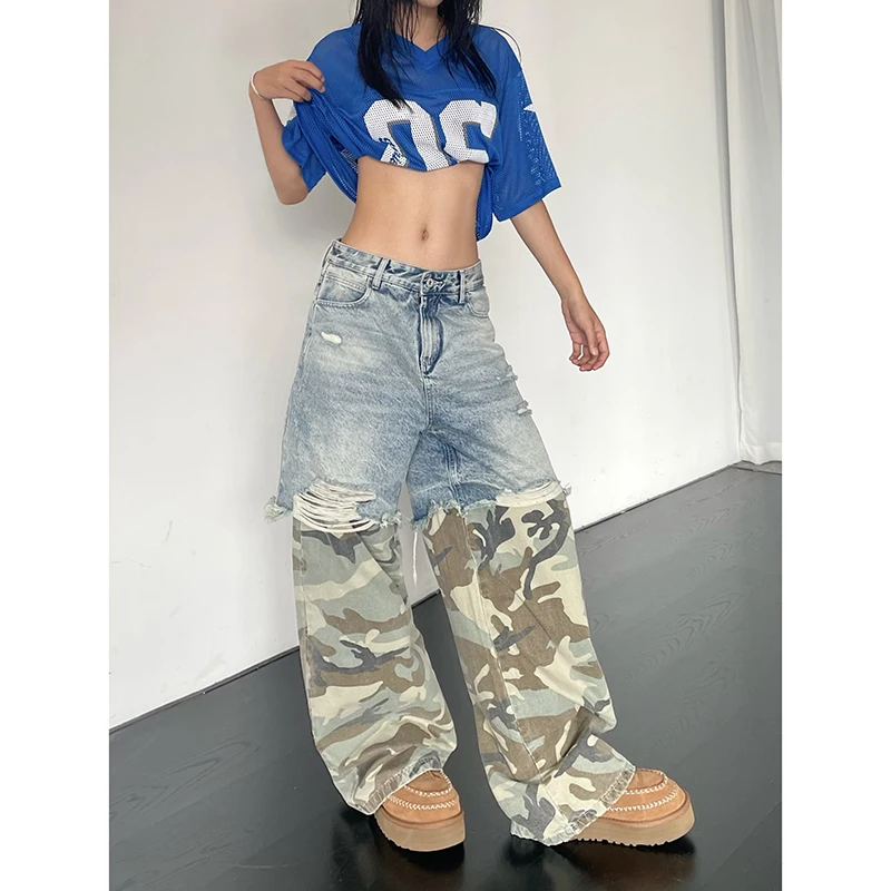 Women Patchwork Baggy Y2k Ripped Jeans Harajuku Aesthetic Denim