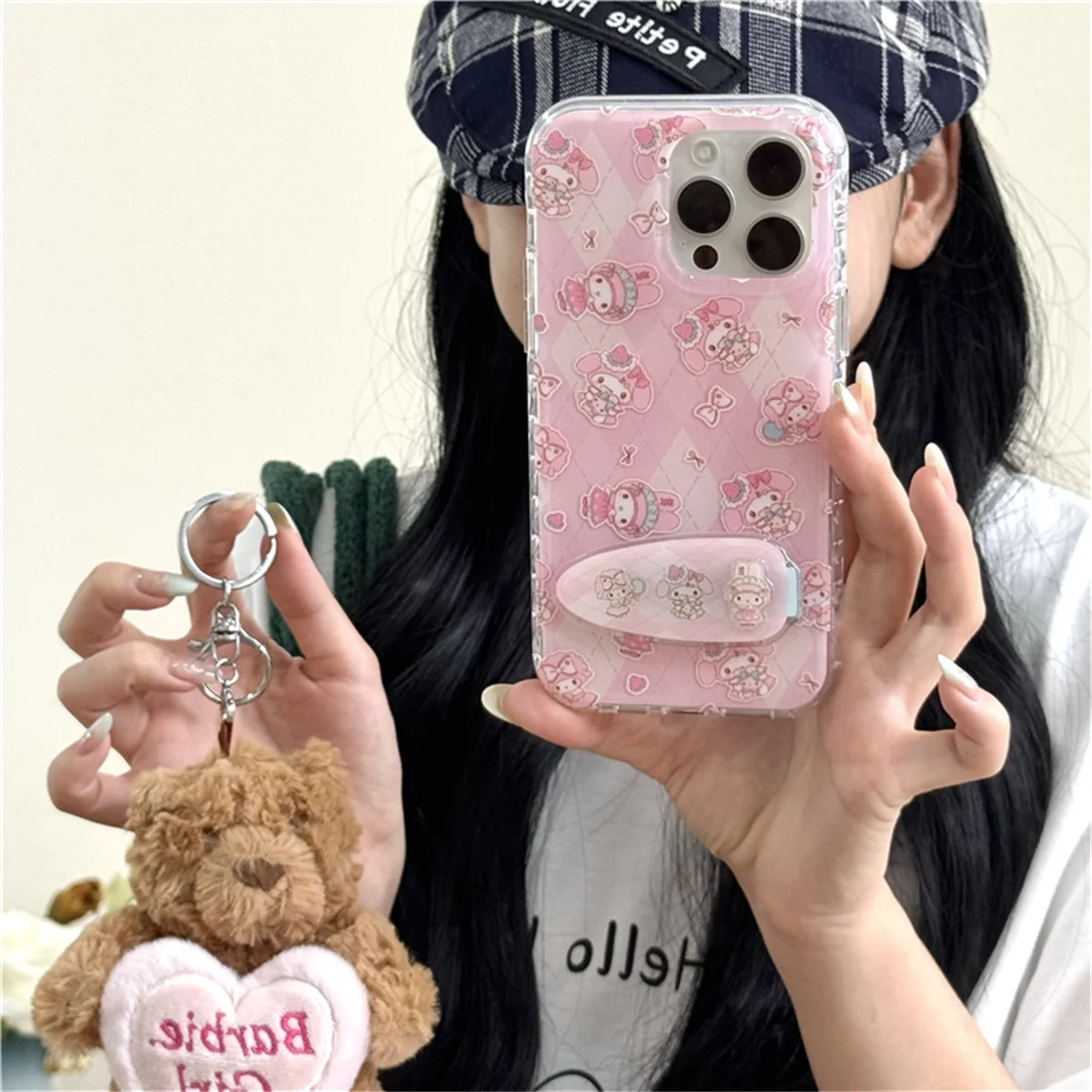 

Kawaii Cartoon Melody Phone Case For iPhone 16 Pro 15 14 Pro Max Cover with Hairpin Stand Holder Protective Cases