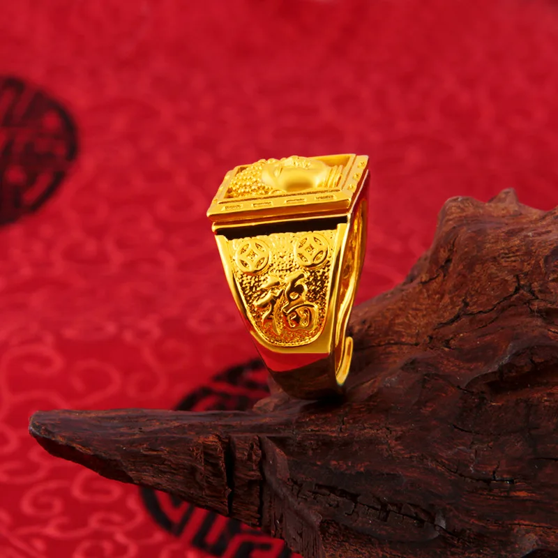 QEENKISS 24KT Gold The Buddha Ring For Men Vintage Adjustable Ring Fine Wholesale Jewelry Wedding Party Groom Father Gift RG5172