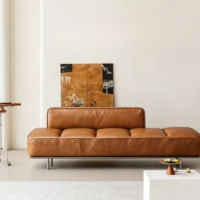 Italian minimalist armless sofa oil wax leather straight row sofa living room large flat lazy leather sofa