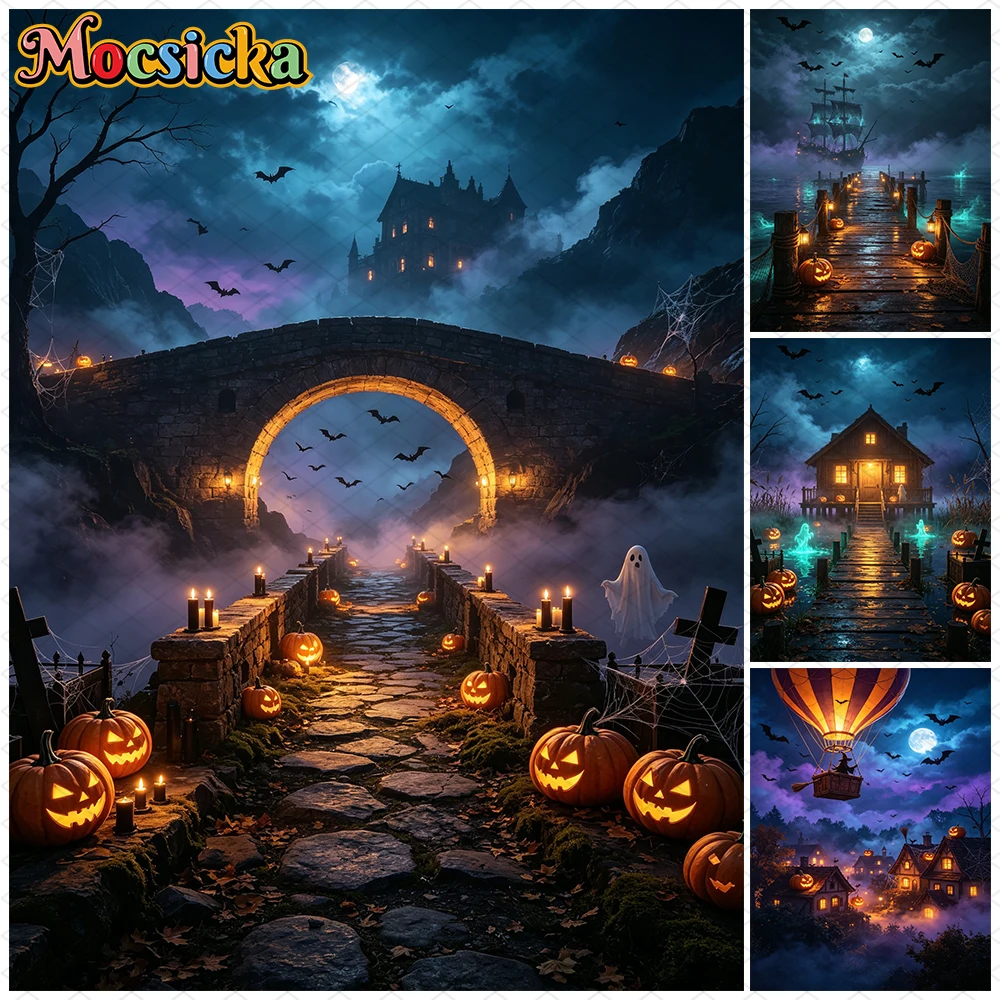 Mocsicka Halloween Photography Backdrop Haunted Castle Bridge Graveyard Ghost Spooky Night Background Photo Studio Party Decors