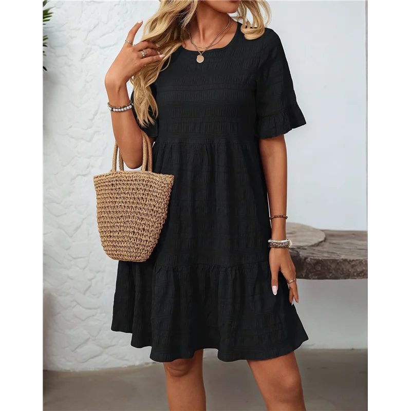 FX-Vestiti estivi da donna 2025 Manica a sbuffo Girocollo Vita alta Smocked A-Line Abito longuette fluido e ampio