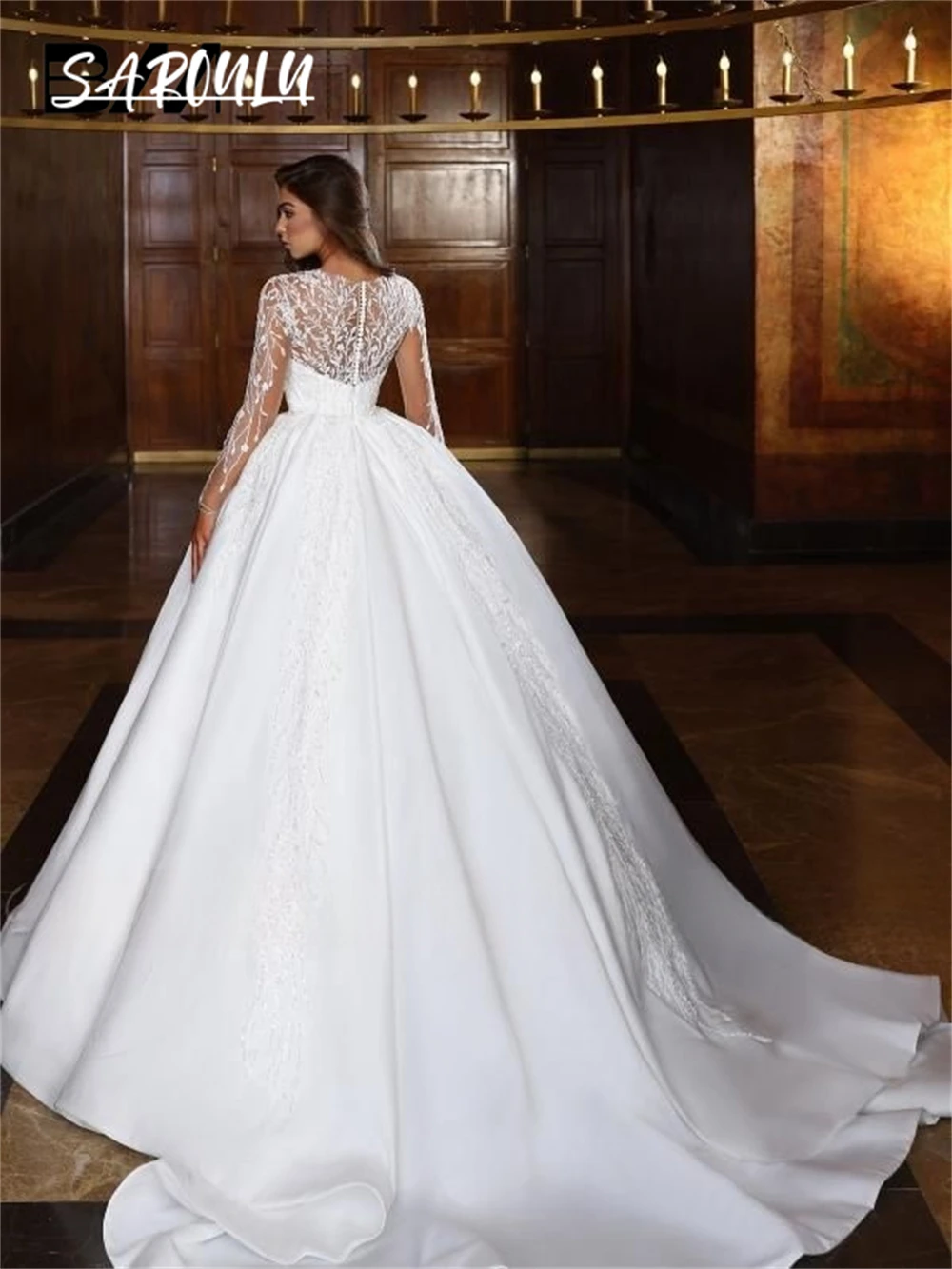 Ilusão mangas compridas vestido de casamento feminino personalizado vestido de baile cetim vestidos de noiva miçangas lantejoulas apliques vestido de noiva