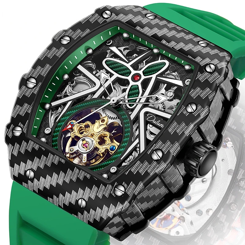 Luxury Brand Men Automatic Mechanical Tourbillon Watch Fashion Skeleton Luminous Wine Barrel Case Rubber Strap