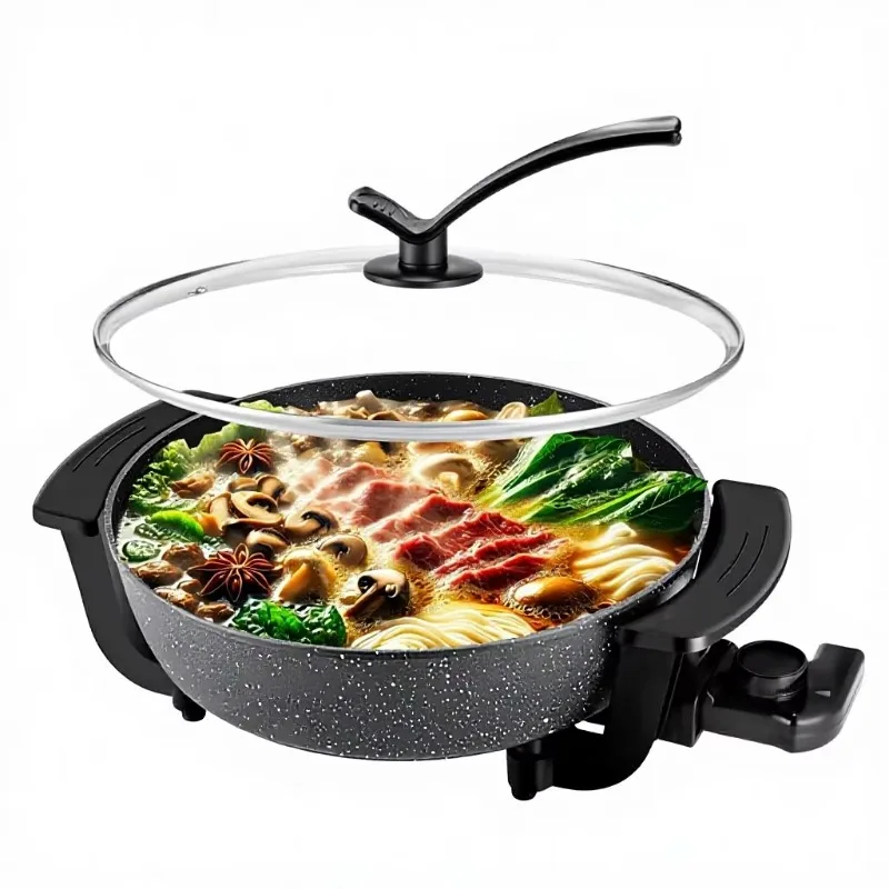 Electric Hot Pot Skillet 6L 110V Non-Stick BPA Free Temperature Control Tempered Glass Household Use Chinese Hot Pot for Parties